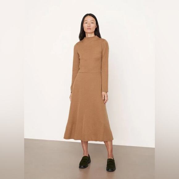 NWT Vince Long Sleeve Mock Turtle Neck Midi Dress  Tan, Size M - Picture 1 of 5
